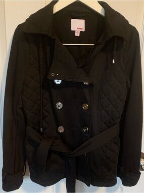 BONGO Black Quilted Double-Breasted Pea Coat with Tie Belt